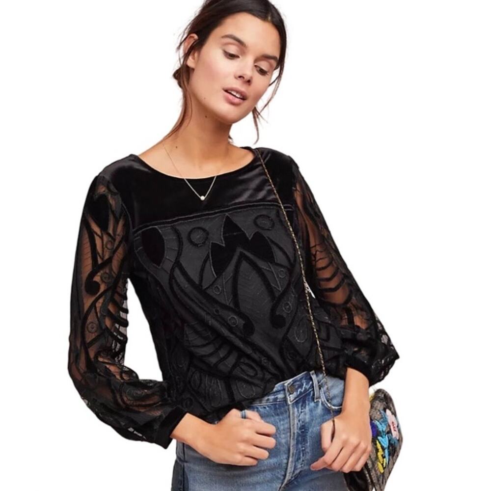 ANTRO Eva Franco Black Velvet Patterned Top Sz Art Deco Embroidered Mesh
